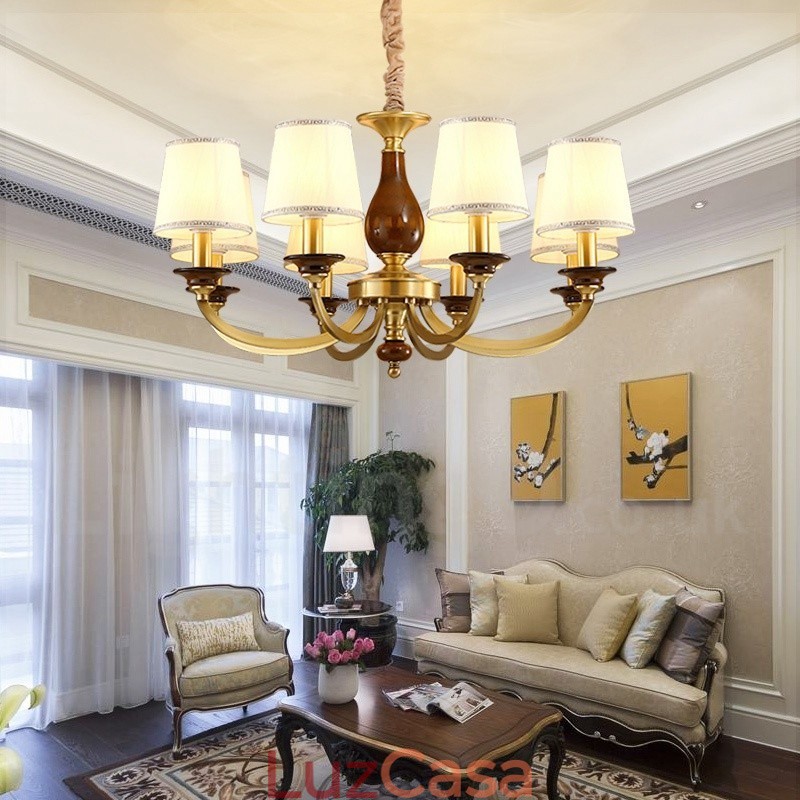 Lustre de pingente de latão luxuoso retrô rústico de 8 luzes com cúpula de vidro