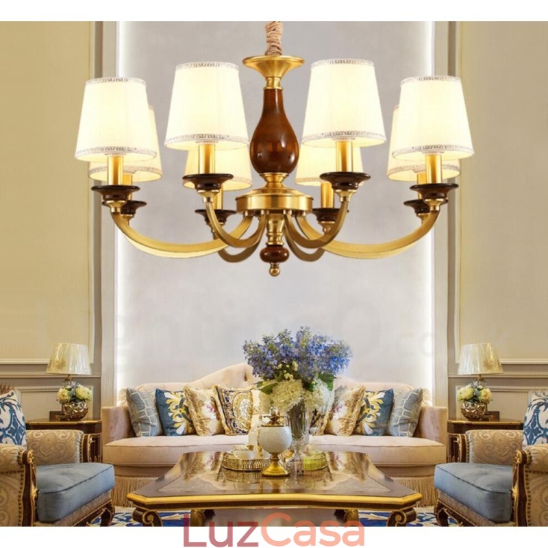 Lustre de pingente de latão luxuoso retrô rústico de 8 luzes com cúpula de vidro