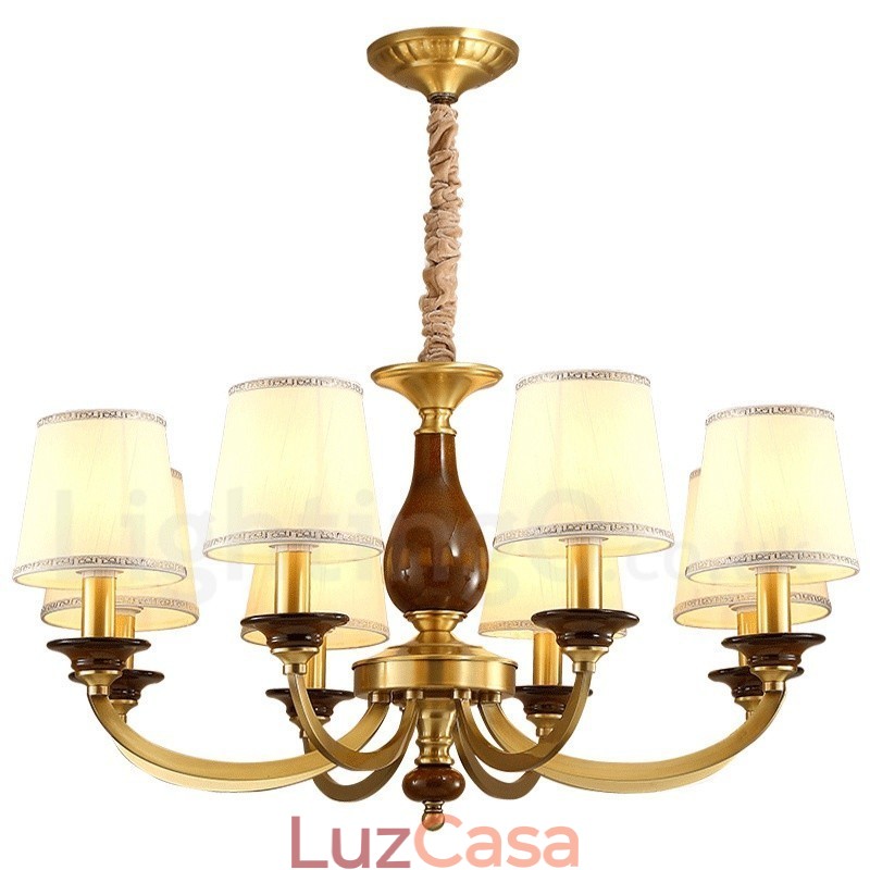 Lustre de pingente de latão luxuoso retrô rústico de 8 luzes com cúpula de vidro