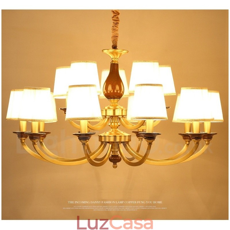 15 Luz Retro Rústico Luxo Latão Pendente Lâmpada Lustre com Sombra de Vidro