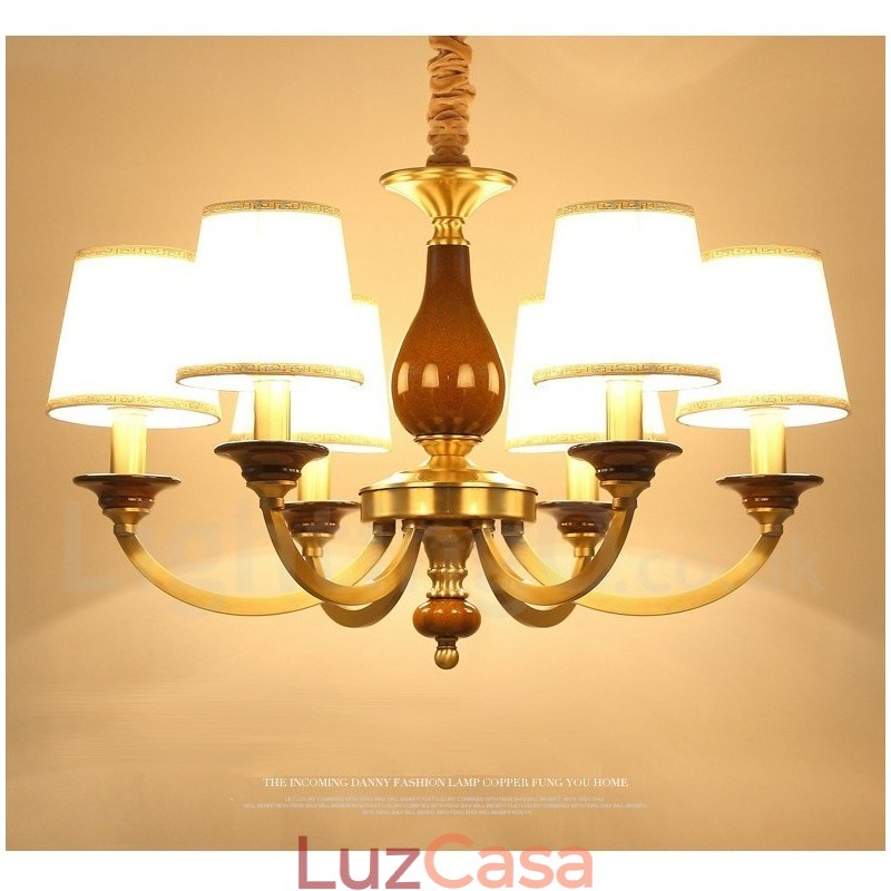6 Luz Retro Rústico Luxo Latão Pendente Lâmpada Lustre com Sombra de Vidro