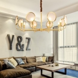 Lustre de pingente de latão luxuoso retrô rústico de 8 luzes com cúpula de vidro