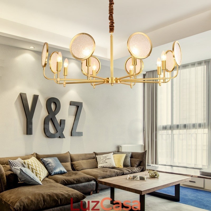 Lustre de pingente de latão luxuoso retrô rústico de 8 luzes com cúpula de vidro