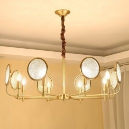 Lustre de pingente de latão luxuoso retrô rústico de 8 luzes com cúpula de vidro