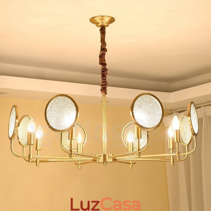 Lustre de pingente de latão luxuoso retrô rústico de 8 luzes com cúpula de vidro