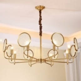 Lustre de pingente de latão luxuoso retrô rústico de 8 luzes com cúpula de vidro