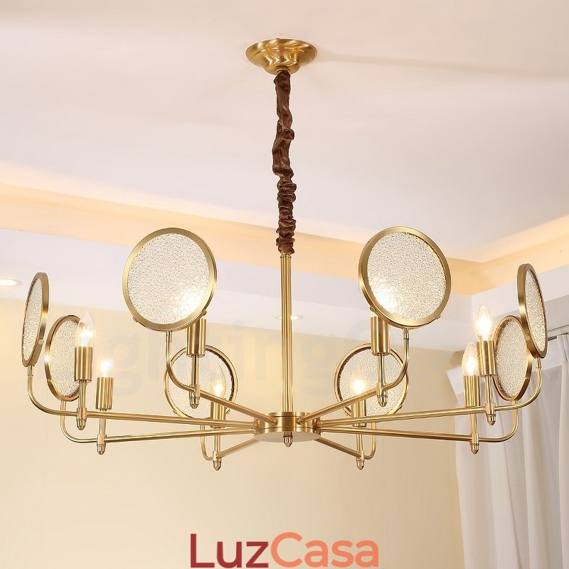Lustre de pingente de latão luxuoso retrô rústico de 8 luzes com cúpula de vidro