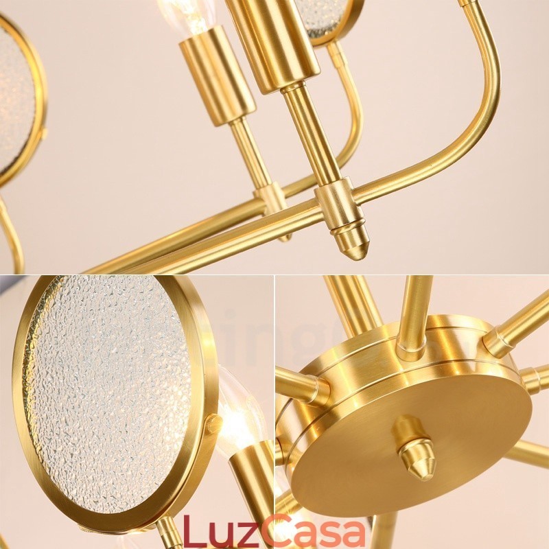 Lustre de pingente de latão luxuoso retrô rústico de 8 luzes com cúpula de vidro