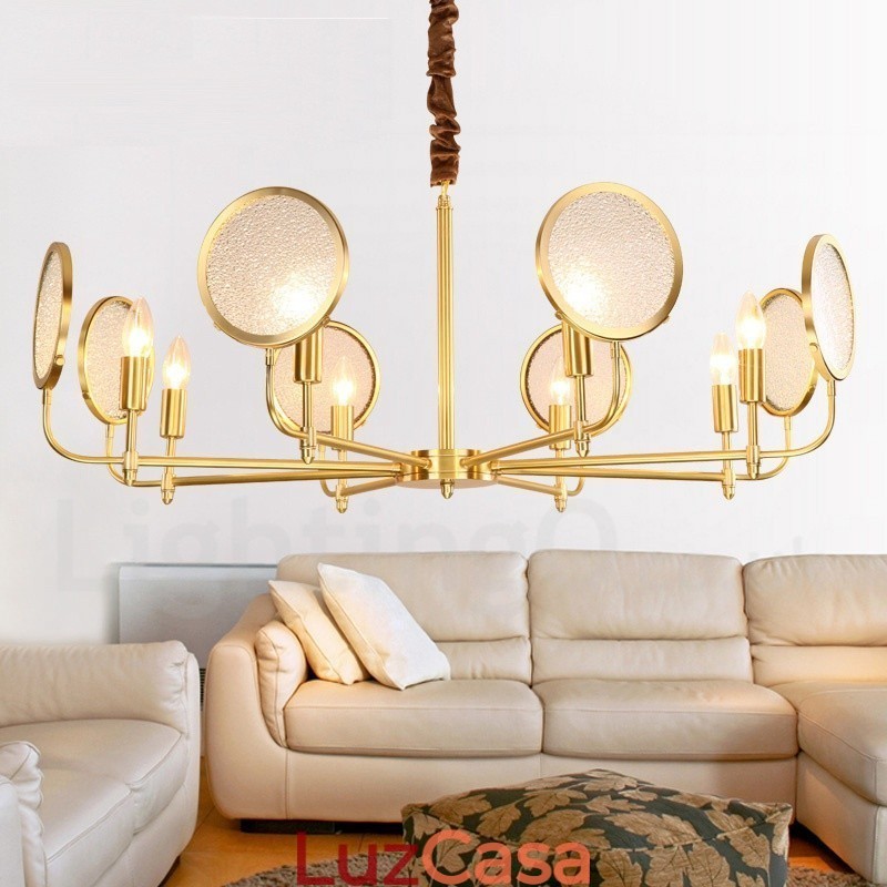 Lustre de pingente de latão luxuoso retrô rústico de 8 luzes com cúpula de vidro