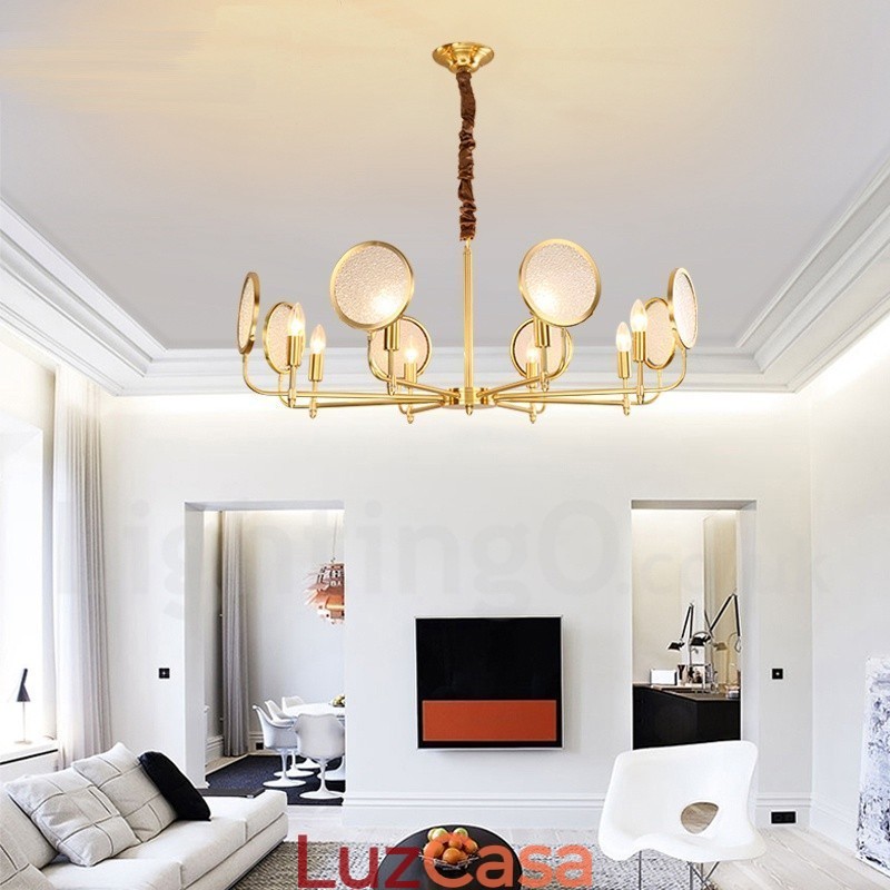 Lustre de pingente de latão luxuoso retrô rústico de 8 luzes com cúpula de vidro