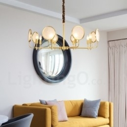 Lustre de pingente de latão luxuoso retrô rústico de 8 luzes com cúpula de vidro