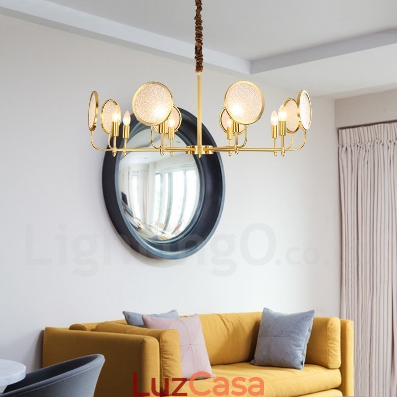 Lustre de pingente de latão luxuoso retrô rústico de 8 luzes com cúpula de vidro
