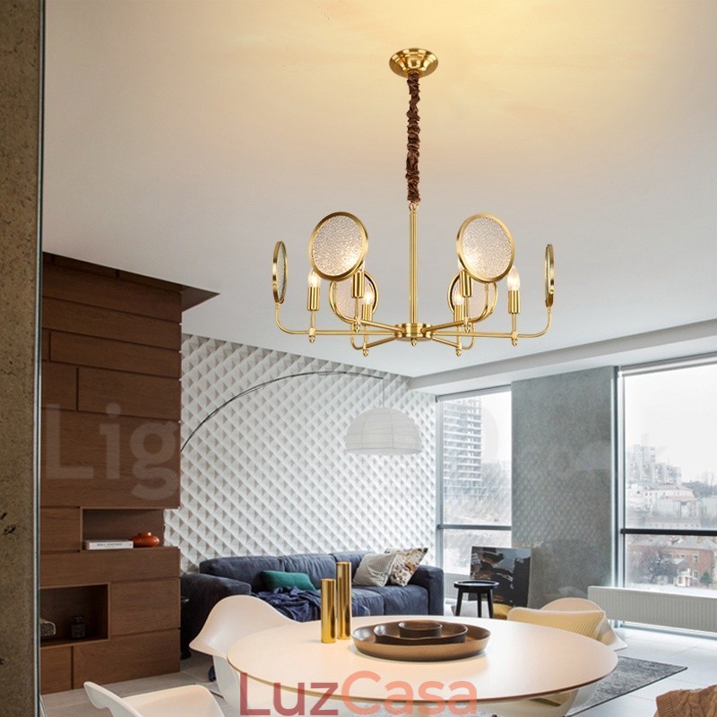 6 Luz Retro Rústico Luxo Latão Pendente Lâmpada Lustre com Sombra de Vidro