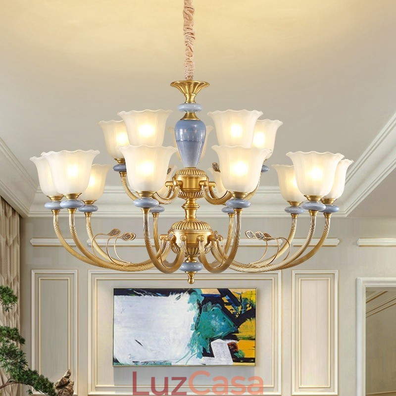 15 Luz Retro Rústico Luxo Latão Pendente Lâmpada Lustre com Sombra de Vidro