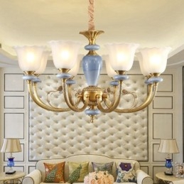 Lustre de pingente de latão luxuoso retrô rústico de 8 luzes com cúpula de vidro