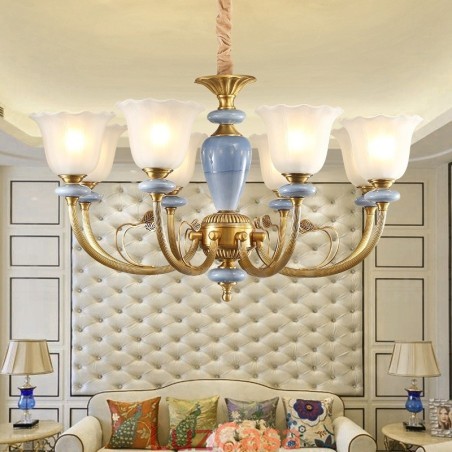 Lustre de pingente de latão luxuoso retrô rústico de 8 luzes com cúpula de vidro Lustre de pingente de latão luxuoso retrô rústico de 8 luzes com cúpula de vidro