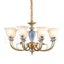 Lustre de pingente de latão luxuoso retrô rústico de 8 luzes com cúpula de vidro
