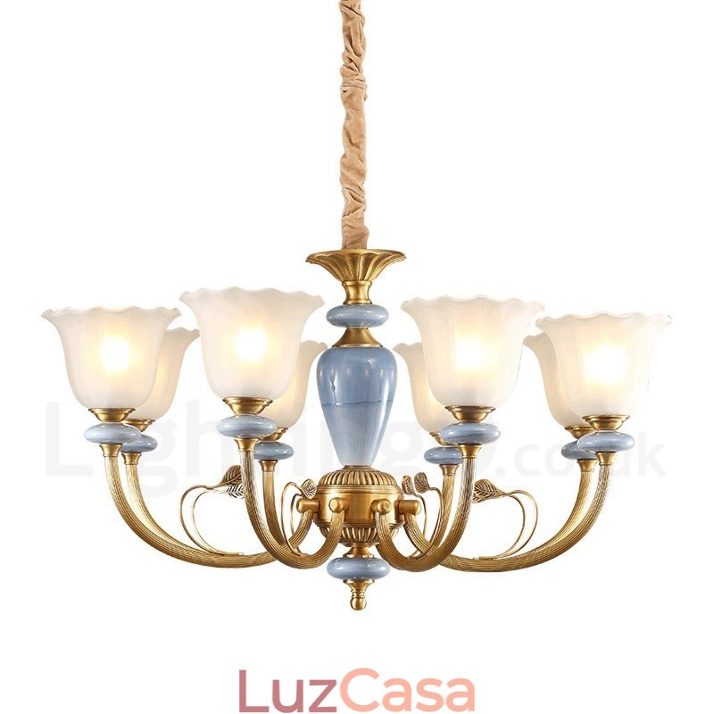 Lustre de pingente de latão luxuoso retrô rústico de 8 luzes com cúpula de vidro