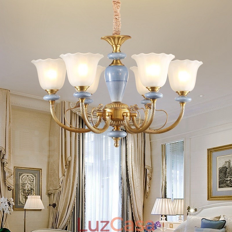 6 Luz Retro Rústico Luxo Latão Pendente Lâmpada Lustre com Sombra de Vidro