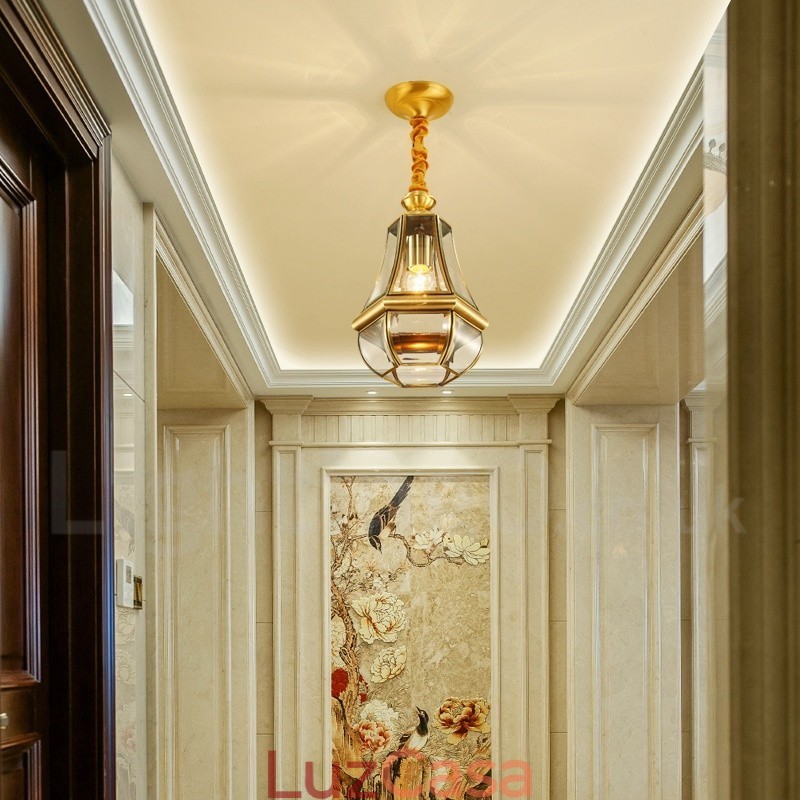 1 Lustre de pingente de latão retrô rústico de luxo com abajur de vidro