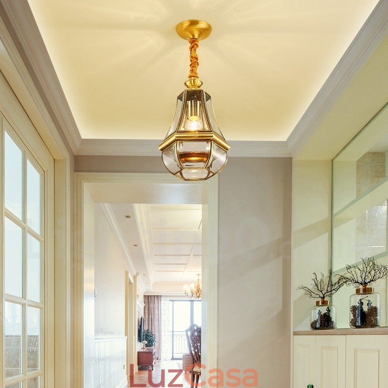 1 Lustre de pingente de latão retrô rústico de luxo com abajur de vidro