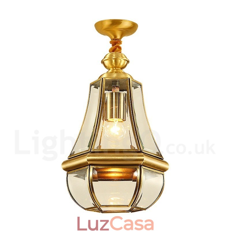 1 Lustre de pingente de latão retrô rústico de luxo com abajur de vidro