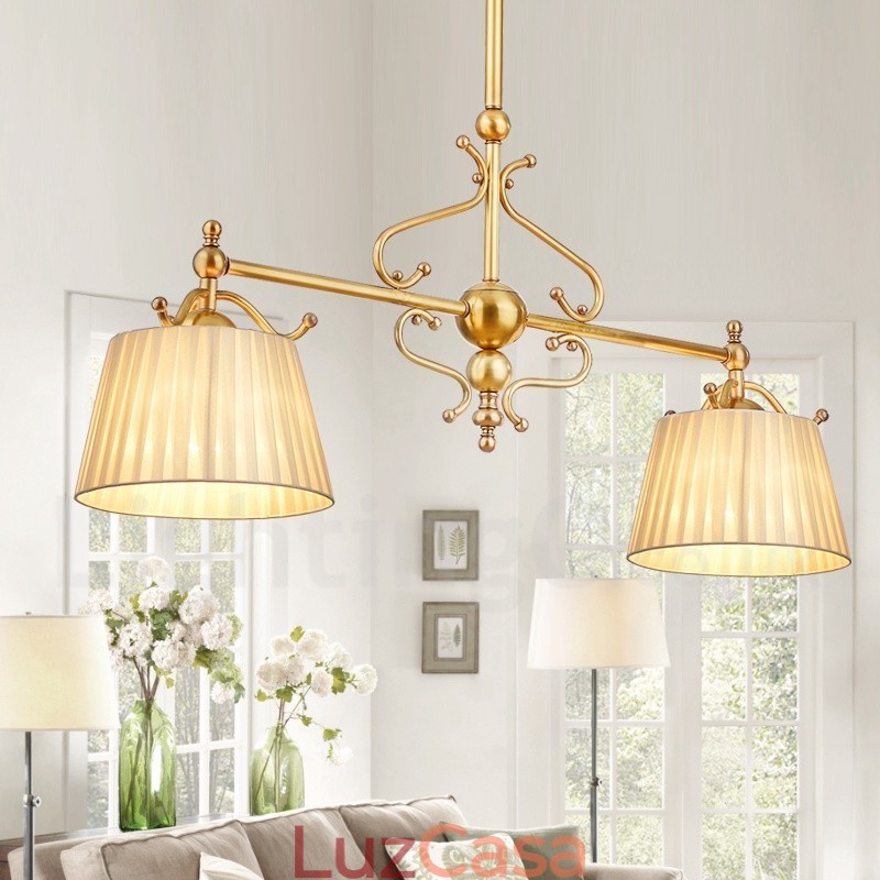 2 Luz Retro Rústico Luxo Latão Pendente Lâmpada Lustre com Tecido Sombra