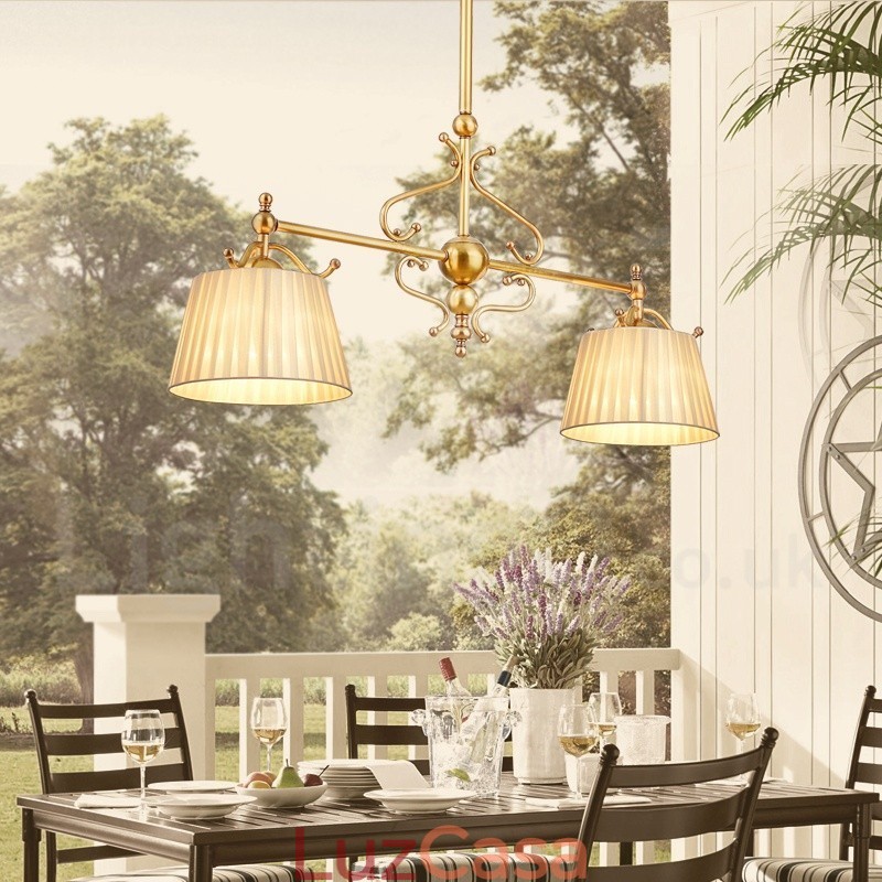 2 Luz Retro Rústico Luxo Latão Pendente Lâmpada Lustre com Tecido Sombra