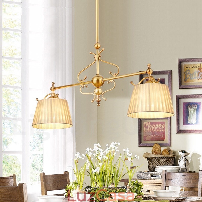 2 Luz Retro Rústico Luxo Latão Pendente Lâmpada Lustre com Tecido Sombra