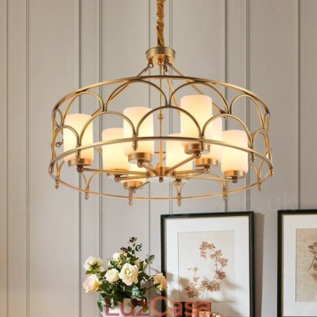 Lustre de pingente de latão luxuoso retrô rústico de 8 luzes com cúpula de vidro Lustre de pingente de latão luxuoso retrô rústico de 8 luzes com cúpula de vidro