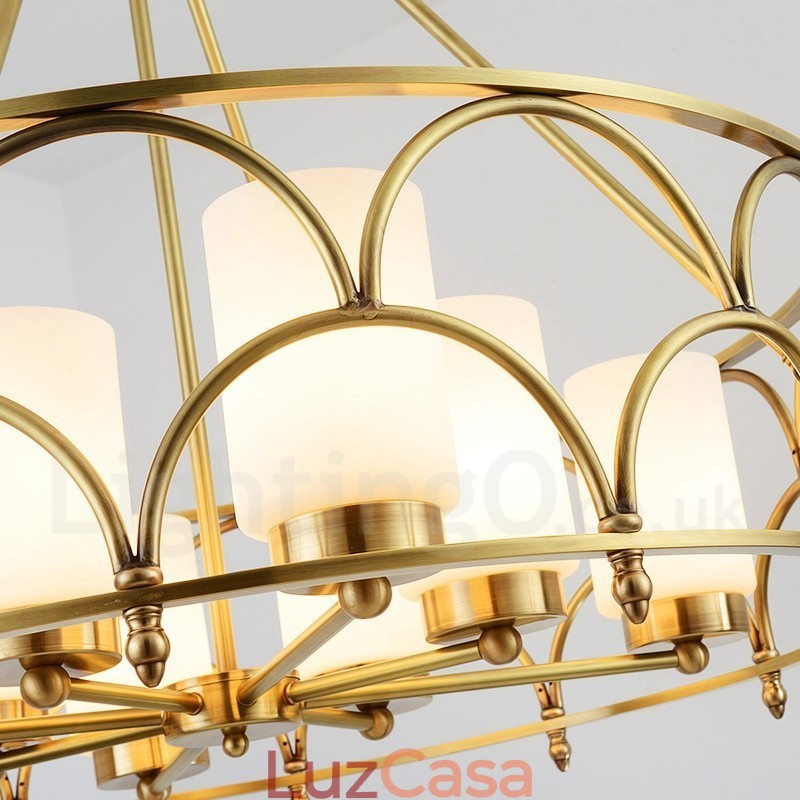 Lustre de pingente de latão luxuoso retrô rústico de 8 luzes com cúpula de vidro