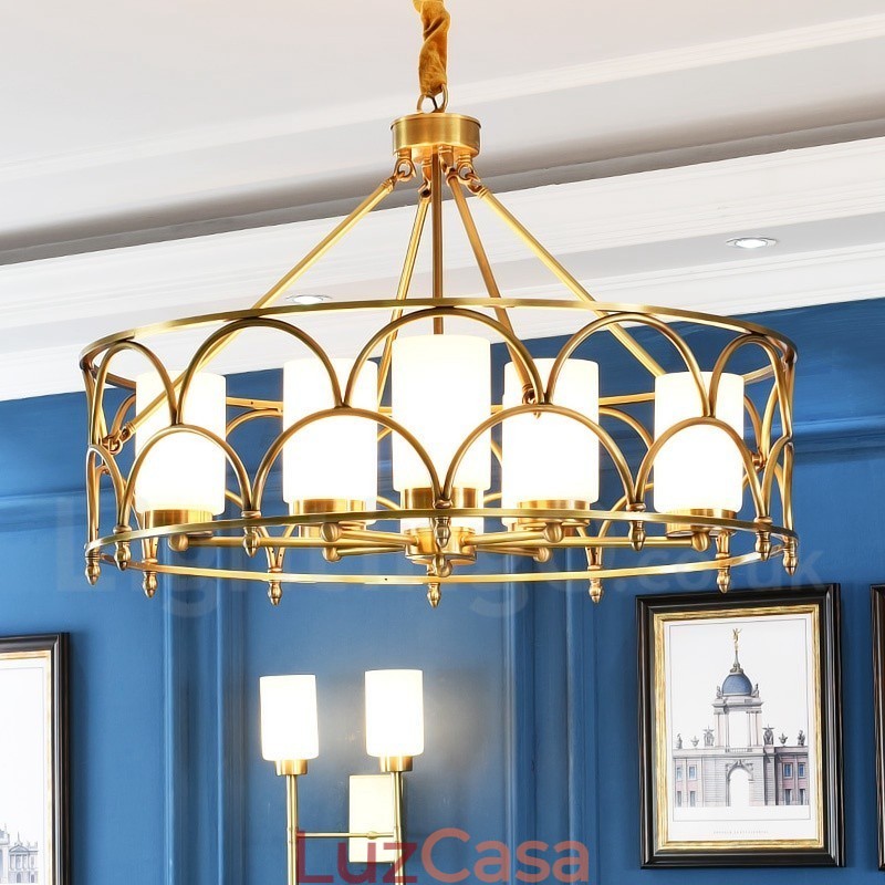 Lustre de pingente de latão luxuoso retrô rústico de 8 luzes com cúpula de vidro