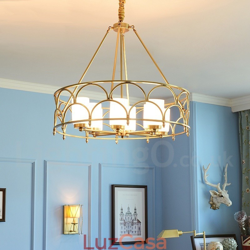 Lustre de pingente de latão luxuoso retrô rústico de 8 luzes com cúpula de vidro