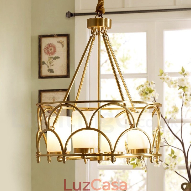 4 Luz Retro Rústico Luxo Latão Pendente Lâmpada Lustre com Sombra de Vidro