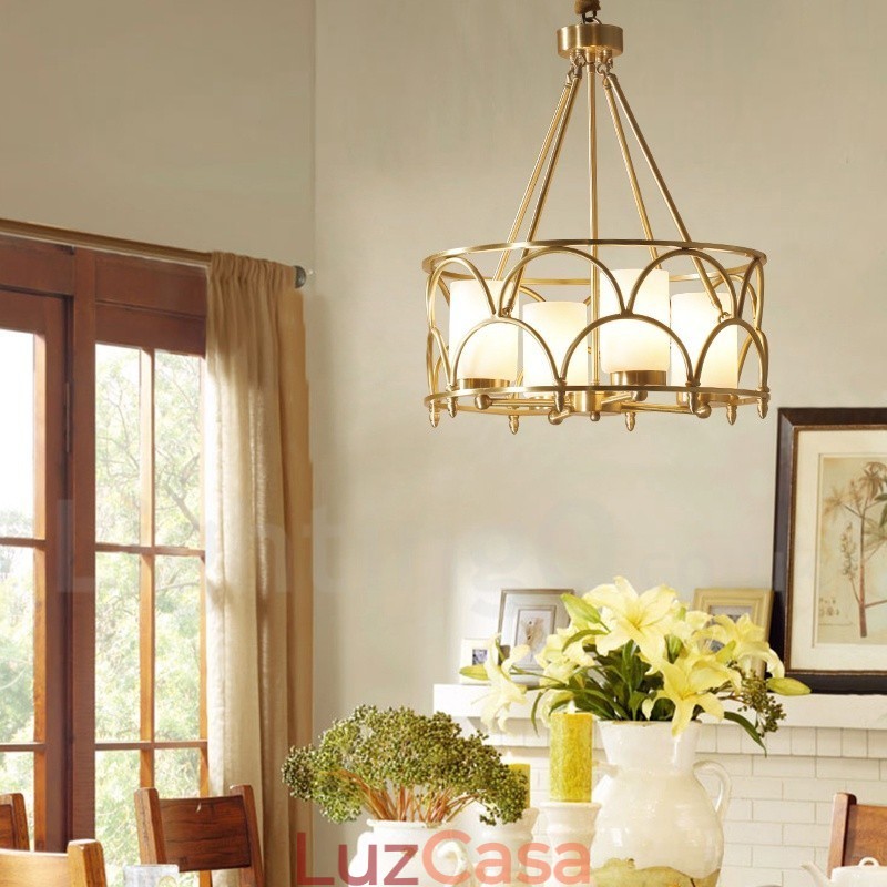 4 Luz Retro Rústico Luxo Latão Pendente Lâmpada Lustre com Sombra de Vidro