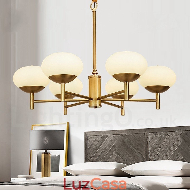 6 Luz Retro Rústico Luxo Latão Pendente Lâmpada Lustre com Sombra de Vidro
