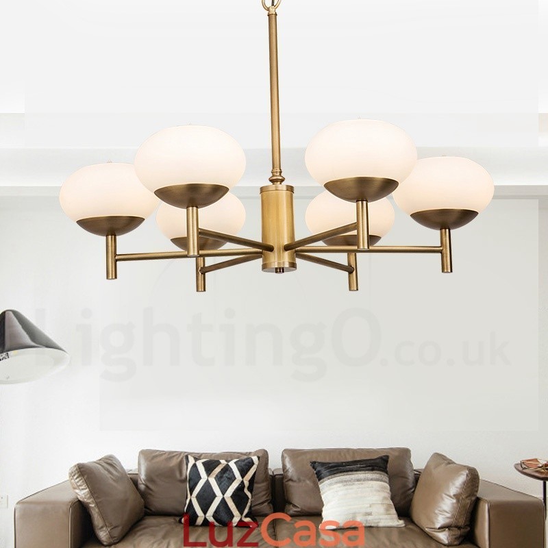 6 Luz Retro Rústico Luxo Latão Pendente Lâmpada Lustre com Sombra de Vidro