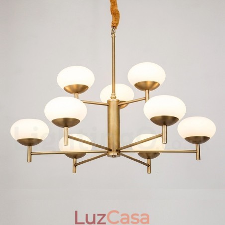 Lustre de pingente de latão luxuoso retrô rústico de 9 luzes com cúpula de vidro Lustre de pingente de latão luxuoso retrô rústico de 9 luzes com cúpula de vidro