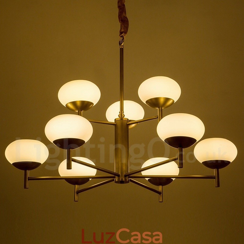 Lustre de pingente de latão luxuoso retrô rústico de 9 luzes com cúpula de vidro