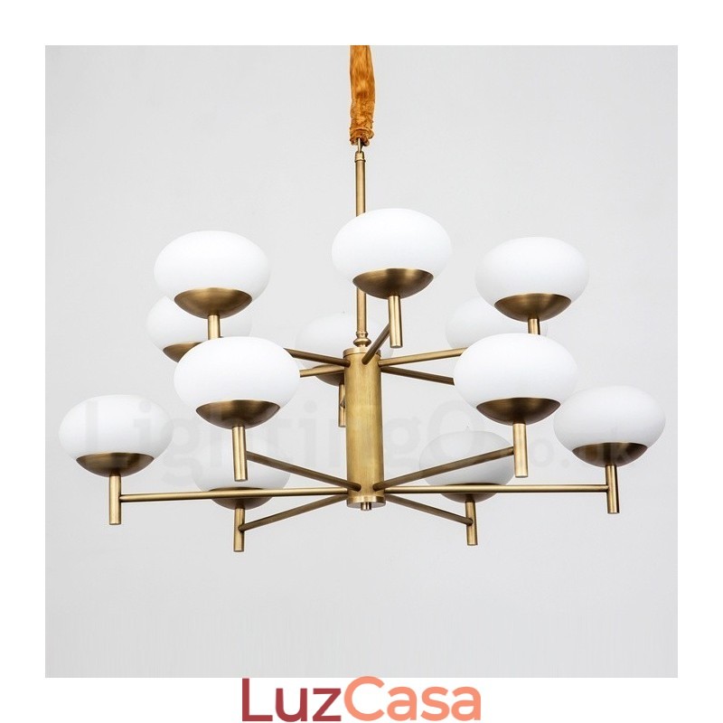 Lustre de pingente de latão luxuoso retrô rústico de 12 luzes com cúpula de vidro