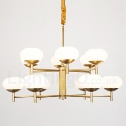 Lustre de pingente de latão luxuoso retrô rústico de 12 luzes com cúpula de vidro
