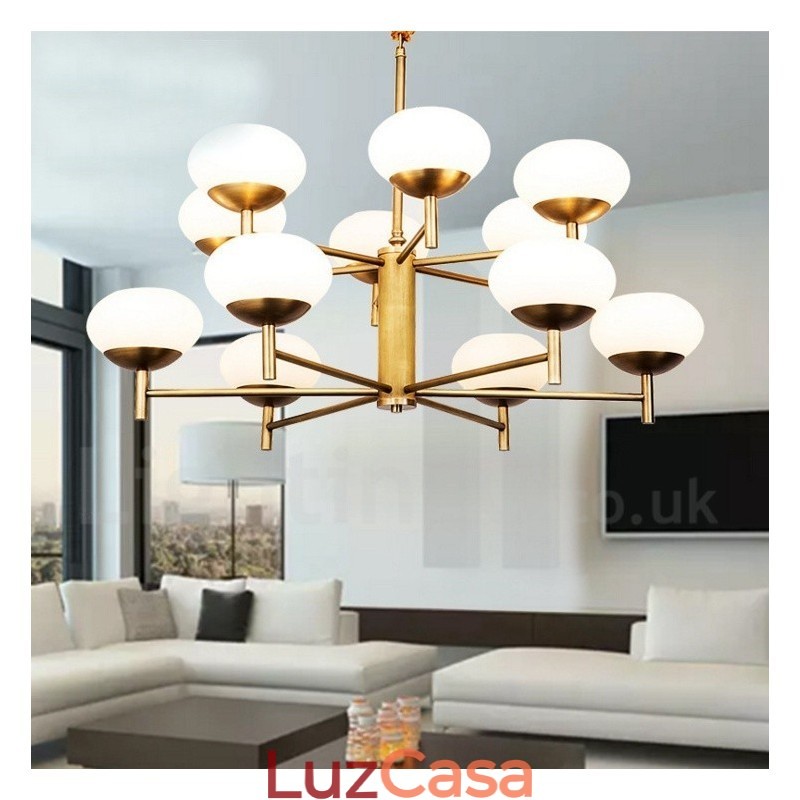 Lustre de pingente de latão luxuoso retrô rústico de 12 luzes com cúpula de vidro