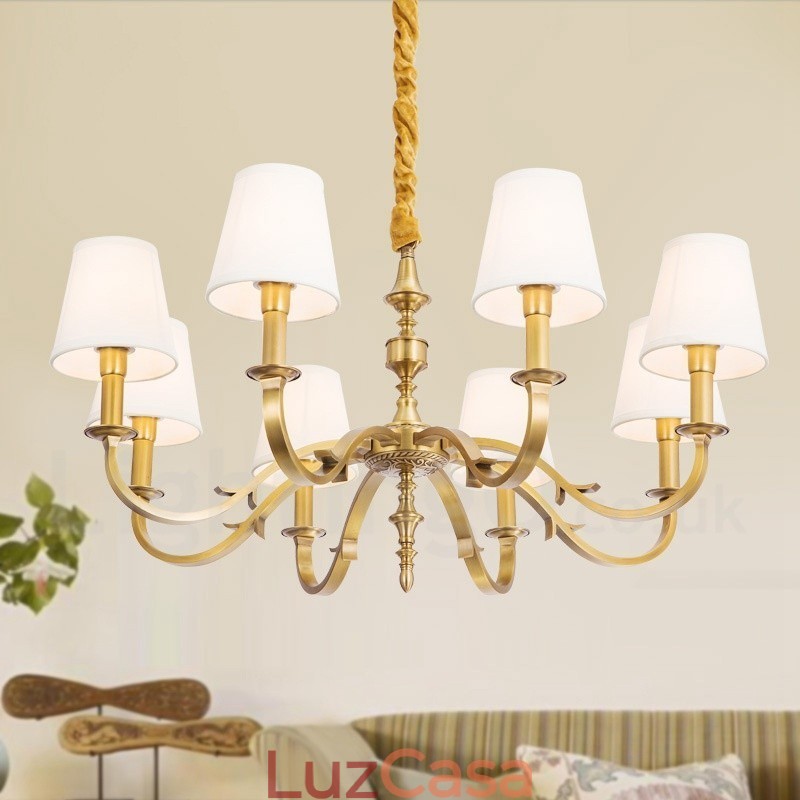 8 Luz Retro Rústico Luxo Latão Pendente Lâmpada Lustre com Tecido Sombra