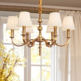 Lustre de pingente de latão luxuoso retrô rústico de 6 luzes com sombra de tecido
