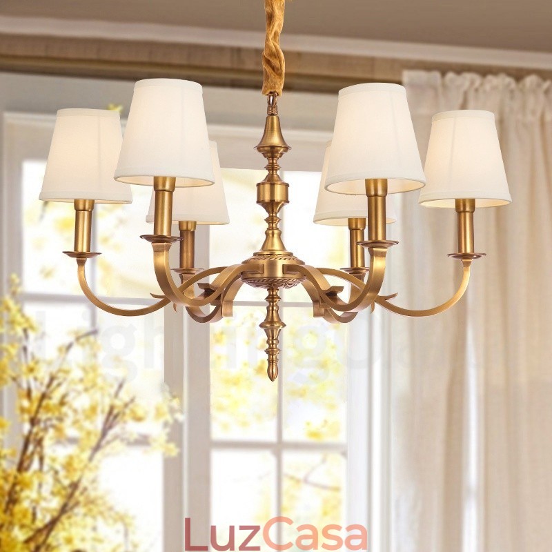 Lustre de pingente de latão luxuoso retrô rústico de 6 luzes com sombra de tecido