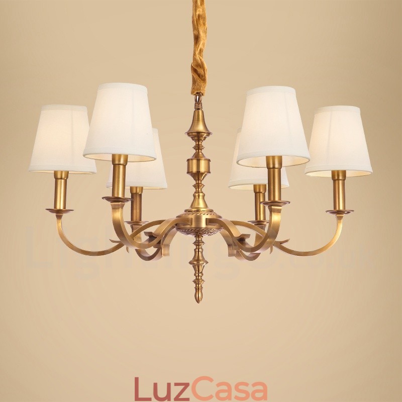 Lustre de pingente de latão luxuoso retrô rústico de 6 luzes com sombra de tecido
