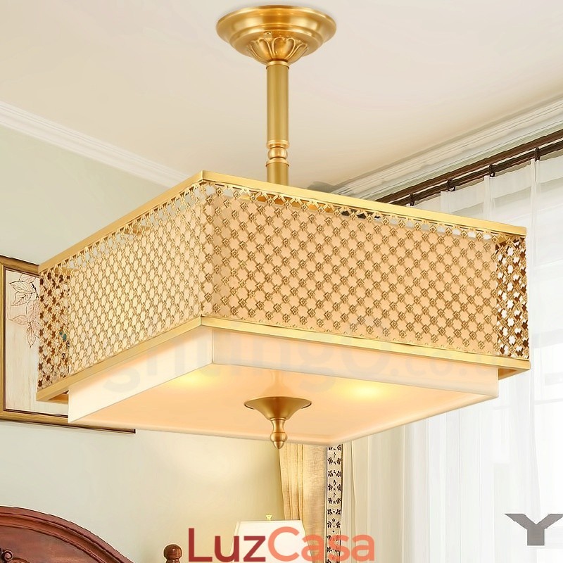 4 Luz Retro Rústico Luxo Latão Pendente Lâmpada Lustre com Tecido Sombra