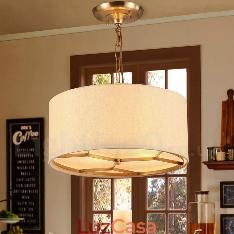 4 Luz Retro Rústico Luxo Latão Pendente Lâmpada Lustre com Tecido Sombra