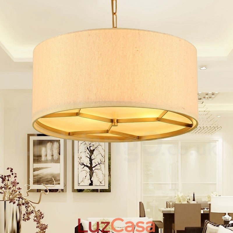 4 Luz Retro Rústico Luxo Latão Pendente Lâmpada Lustre com Tecido Sombra