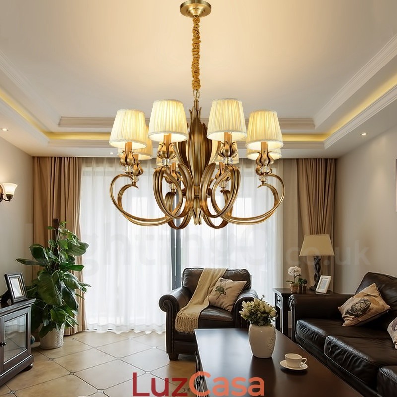 8 Luz Retro Rústico Luxo Latão Pendente Lâmpada Lustre com Tecido Sombra